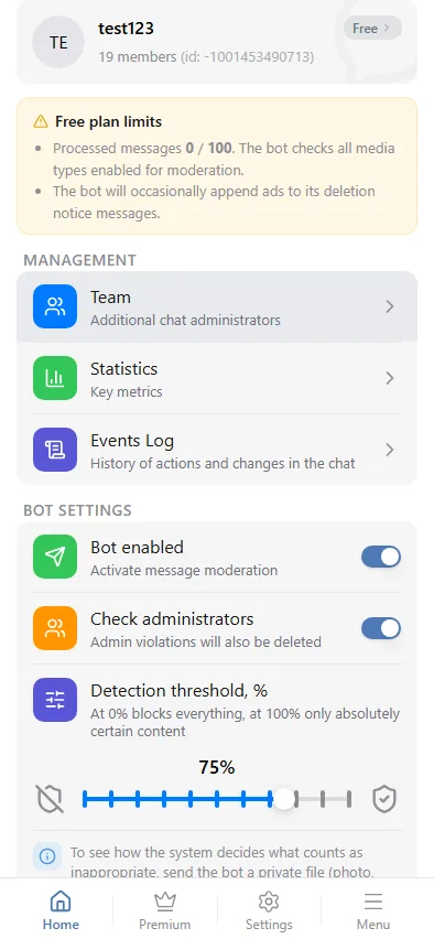 Bot settings for a group