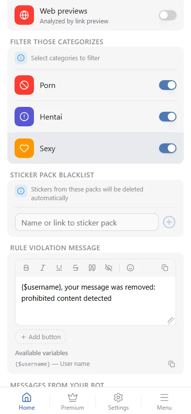 Rule-violation message editor